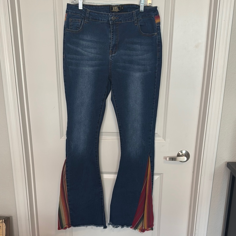 Lucky & Blessed Blue and Red Flare Wide Leg Jeans with Retro Stripes